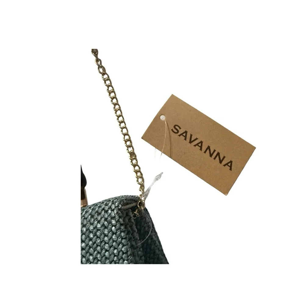 Savanna Blue Woven Purse with Bamboo Handle and Gold Tone Chain Strap NWT